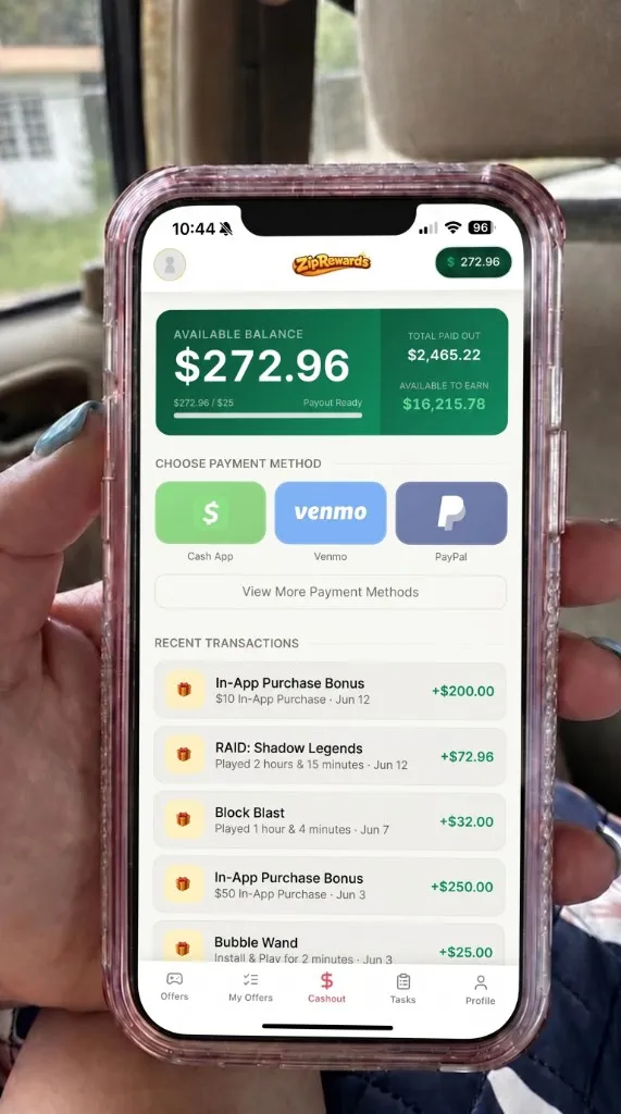 App showing available balance